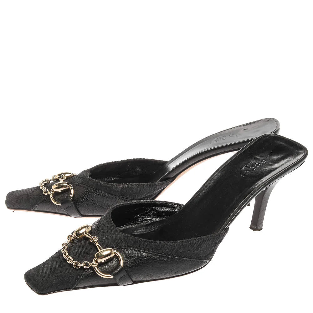 Gucci Black Guccissima Canvas Horsebit And Bits Chain Mules, 6.5