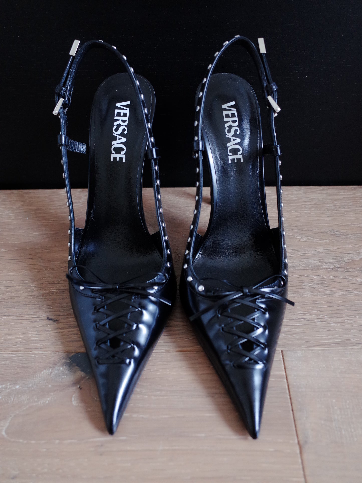 Versace Lace-Up Pointed Toe Slingback Pump