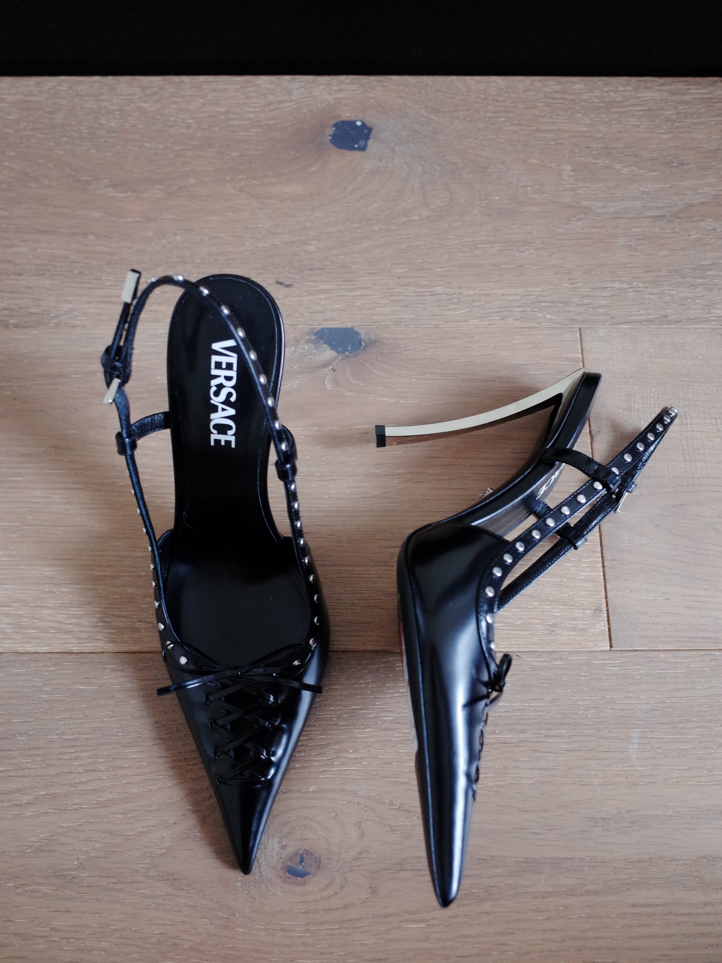 Versace Lace-Up Pointed Toe Slingback Pump